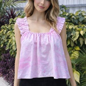 Zara 100% Cotton Pink Ruffle Strap Tie-Dye Tank Top with under bra lining Sz S